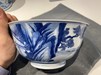 An imperial Chinese blue and white 'rice production' bowl, Kangxi mark and of the period